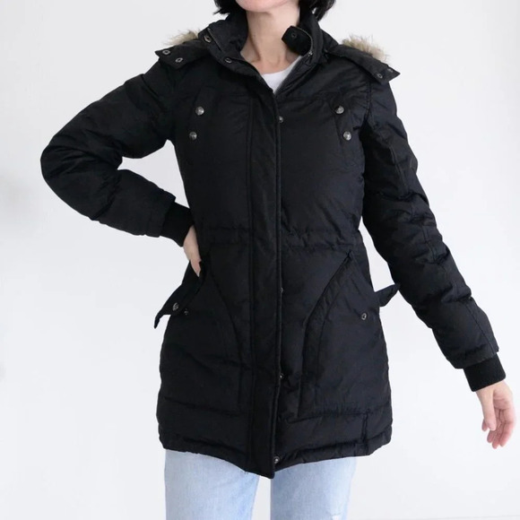 Sam Edelman Black Parka with Faux Fur Trim Hood Size Small - Picture 3 of 15